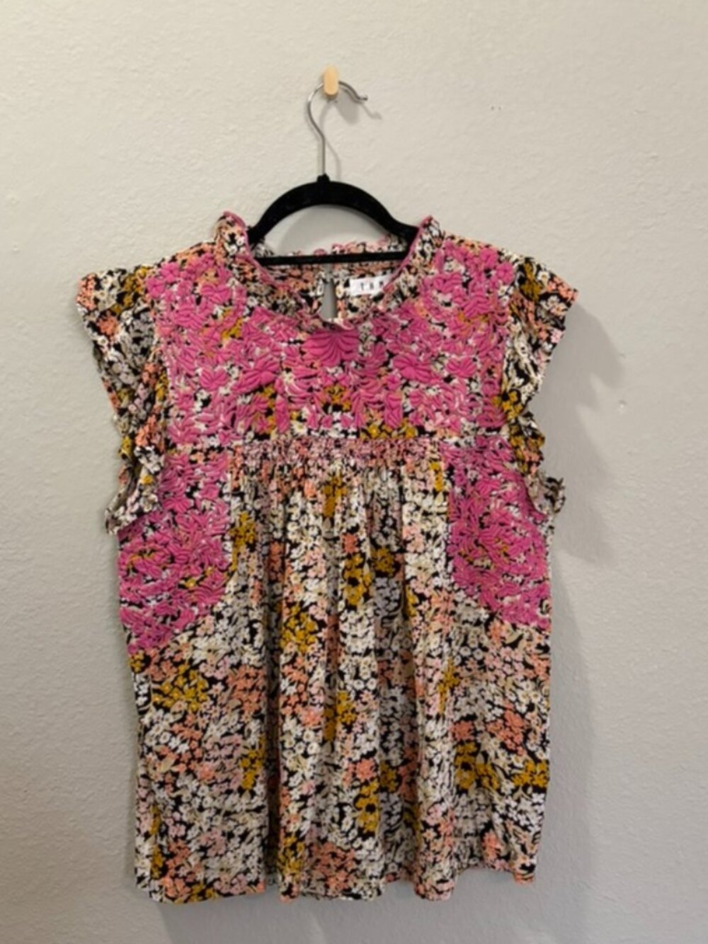THML Pink Floral Embroidered Cap-Sleeve Top
